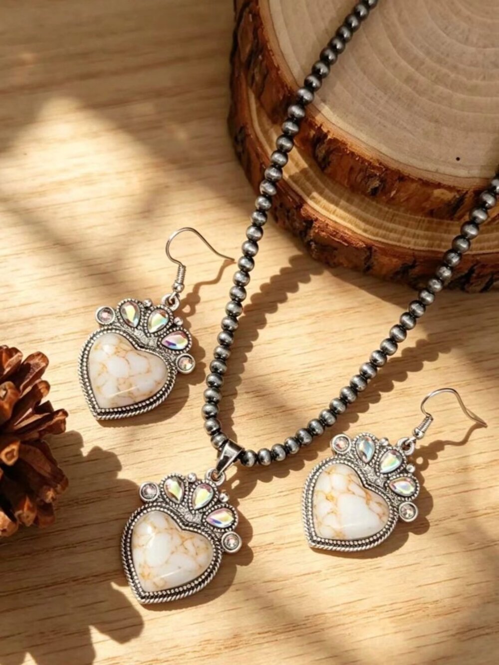 Bohemian Style faux beige turquoise Heart-Shaped Beaded Necklace & Earrings set